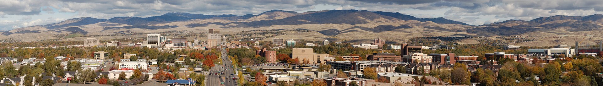 Panoramic view of downtown Boise, Idaho, with the foothills in the distance